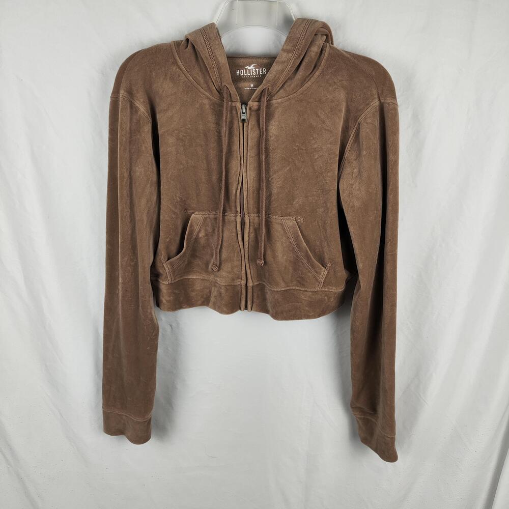 Hollister Hoodie Womens Medium Brown Velour Full Zip Cropped Kangaroo Pocket